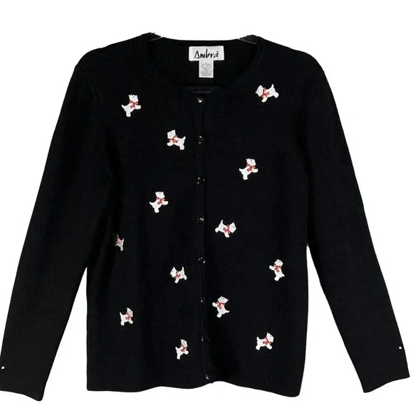 Ambra Womens Large Black Christmas Scottie Dog Embroidered Cardigan Knit Sweater - Picture 4 of 11